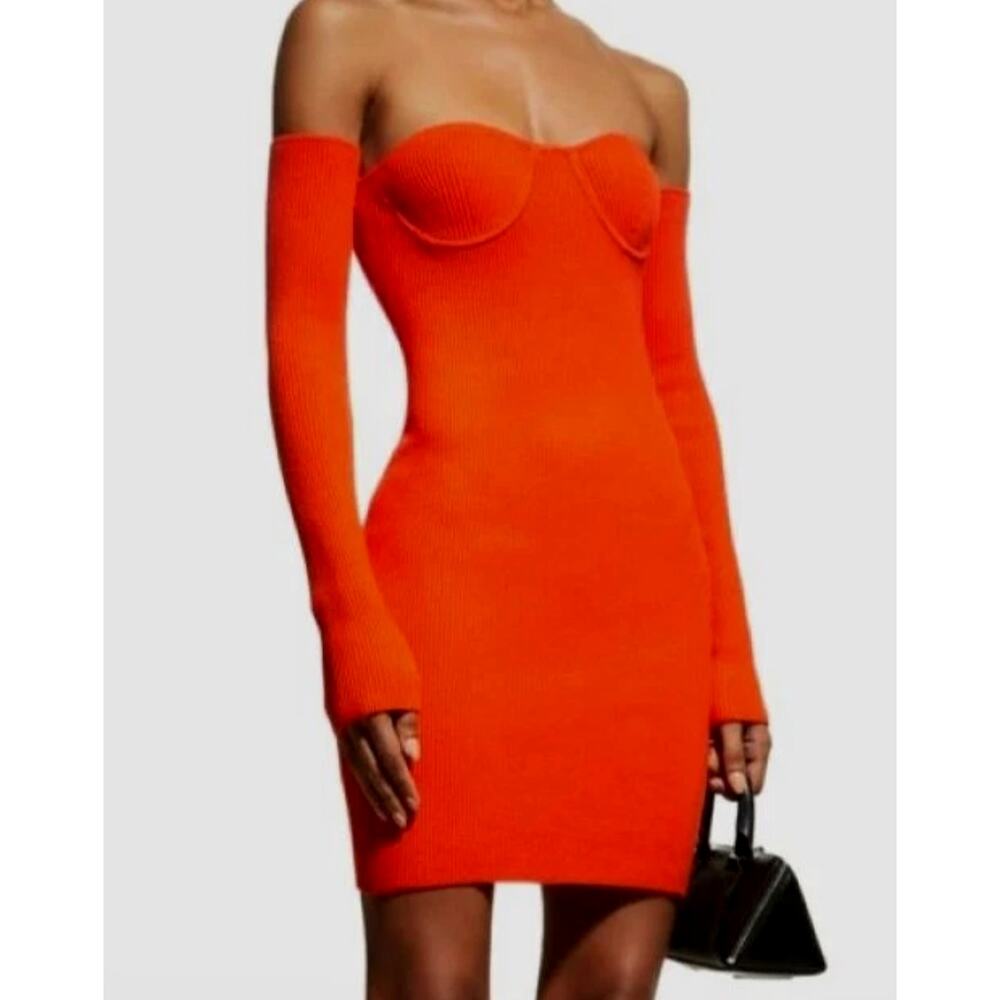 Helmut Lang M Contour Ribbed Knit Dress $395 Off Shoulder Long Sleeve Orange